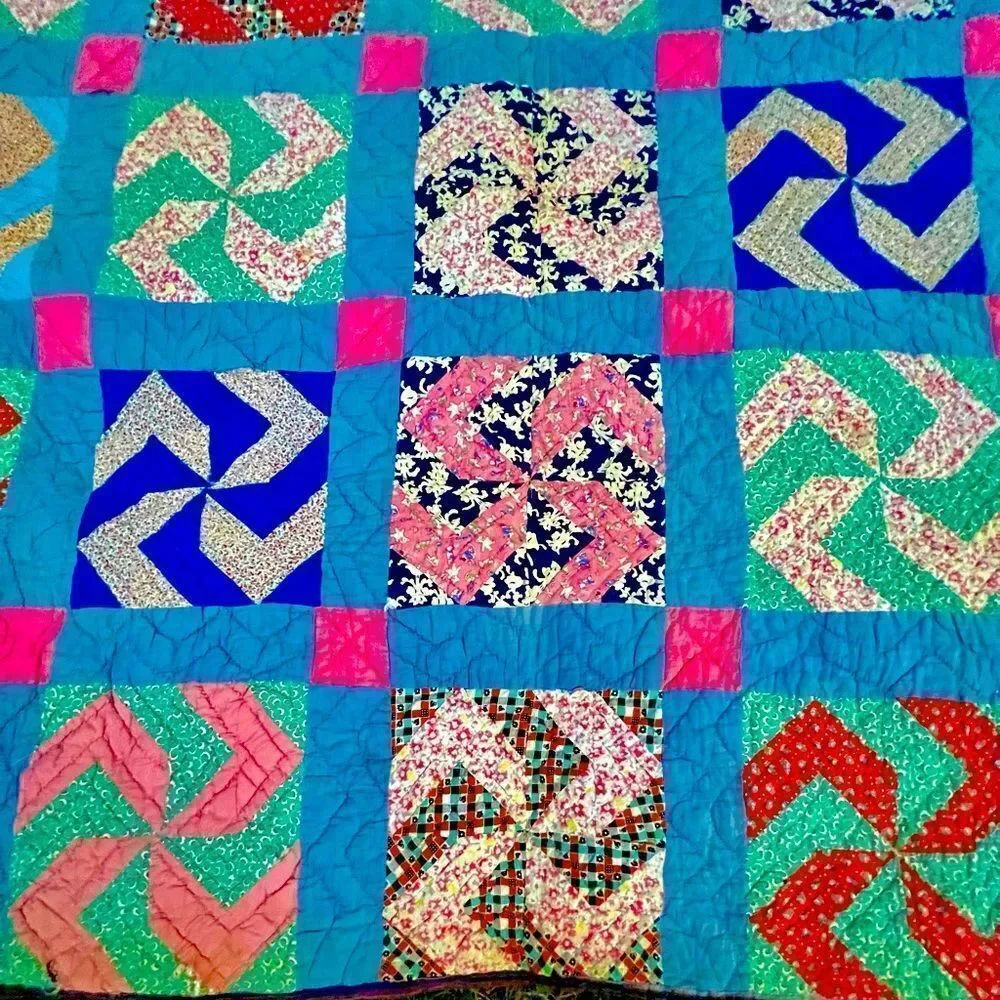 Vintage Hand Stitched Pinwheel Quilt  - 72” 1930’s-1940’s Folk Art Vibrant